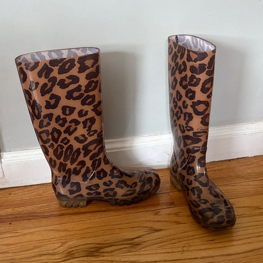 Coach Leopard Print Tall Rain Boots - Brown
